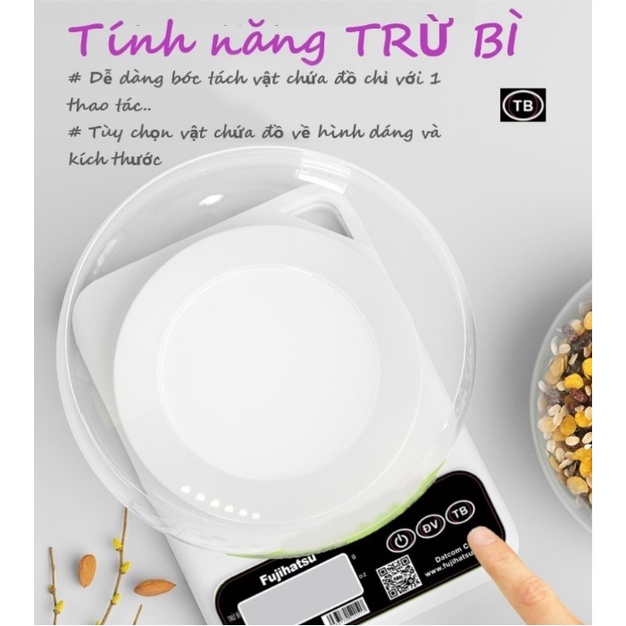 Cân Điện Tử, Chính Hãng Fujihatsu, Cân Điện Tử Nhà Bếp, Phiên Bản Tiếng Việt - Loại 5Kg - Có Chức Năng Trừ Bì