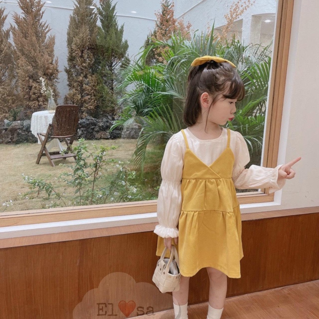 Váy Yếm Thắt Nơ Dài Tay Bồng Sang Chảnh Xinh Đẹp Cho Bé Gái 8-25kg