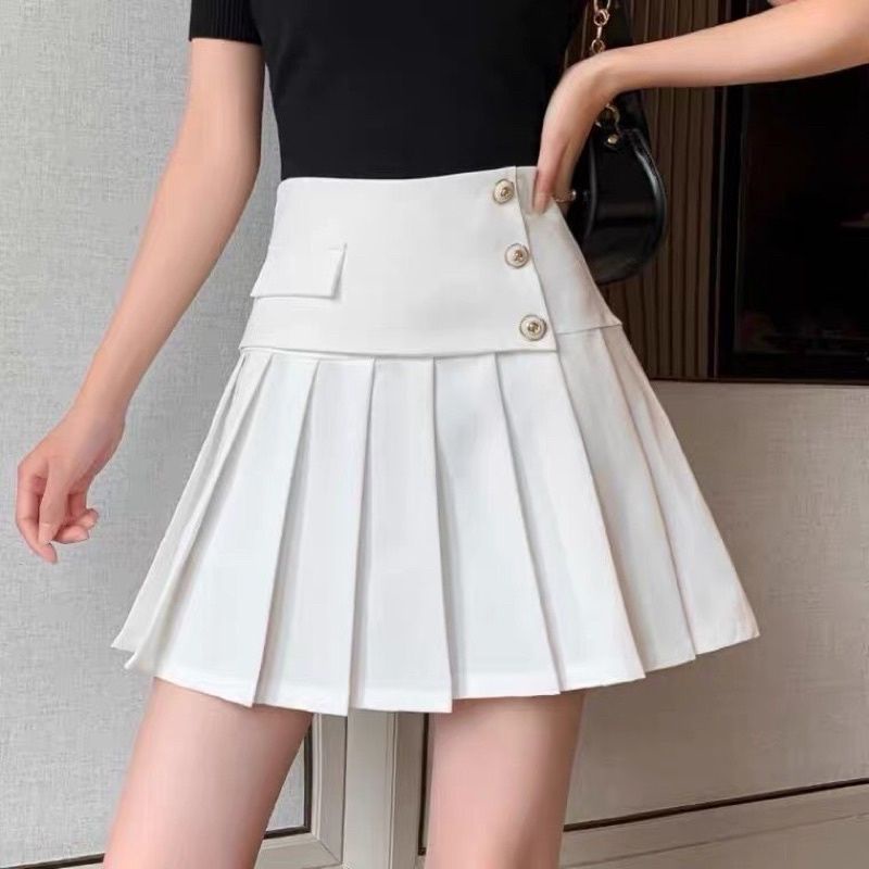 Chân váy xếp ly cạp cao 3 khuy - váy ngắn nữ có quần trong chống lộ