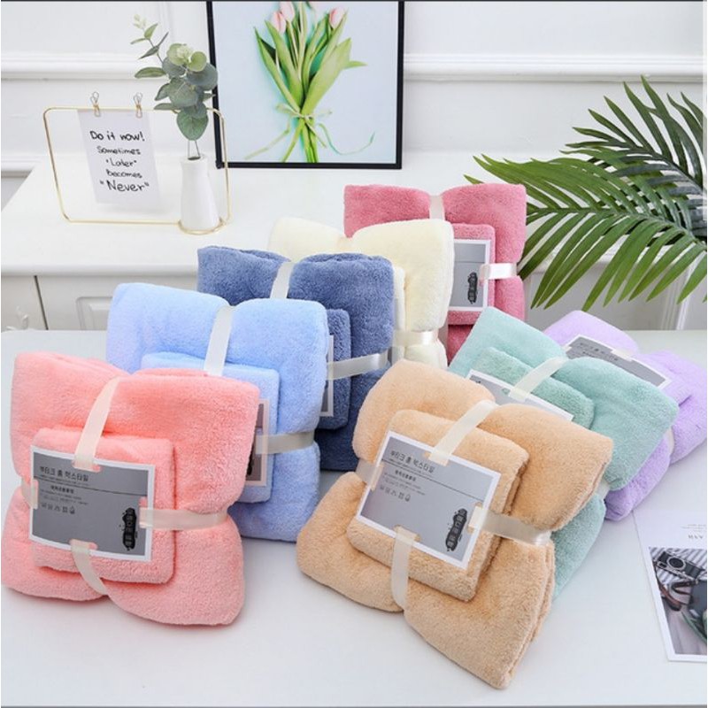 Set 2 khăn tắm Hàn Quốc siêu thấm nước, mềm mịn, dùng cho người lớn, trẻ nhỏ, khách sạn, homestay