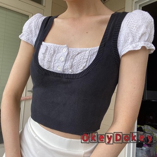 Phụ nữ dệt kim Patchwork T-shirt Giả hai mảnh ngắn Puff Thời trang Áo sơ mi cổ vuông