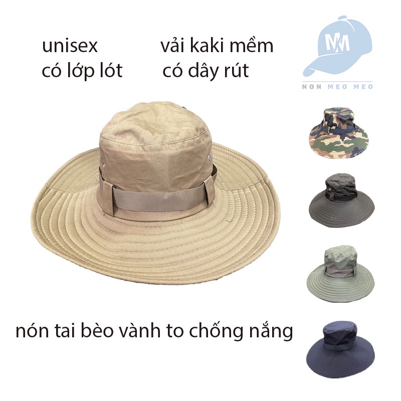 Nón vành lao động , nón tai bèo , mũ nam che nắng, nón tai bèo cho nam, nón vành to vải kaki mềm có lót trong, dây rút