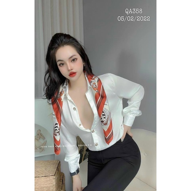 Áo sơ mi tay dài chất phi lụa mềm, không kèm khăn u