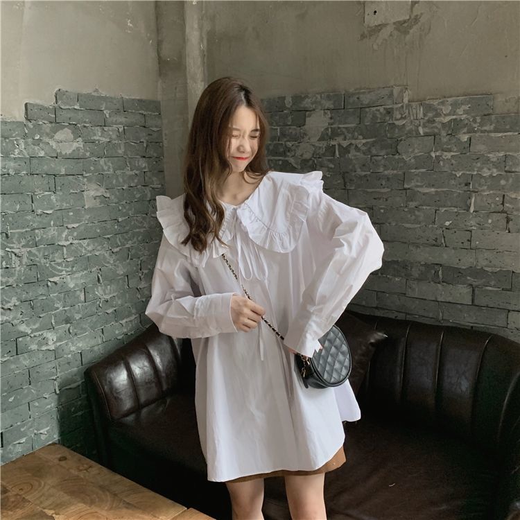 Early Spring 2021 New Korean Temperament Doll Collar Lace Up Medium Length White Shirt Women's Design Sense Niche Top[delivery Within 5 Days]