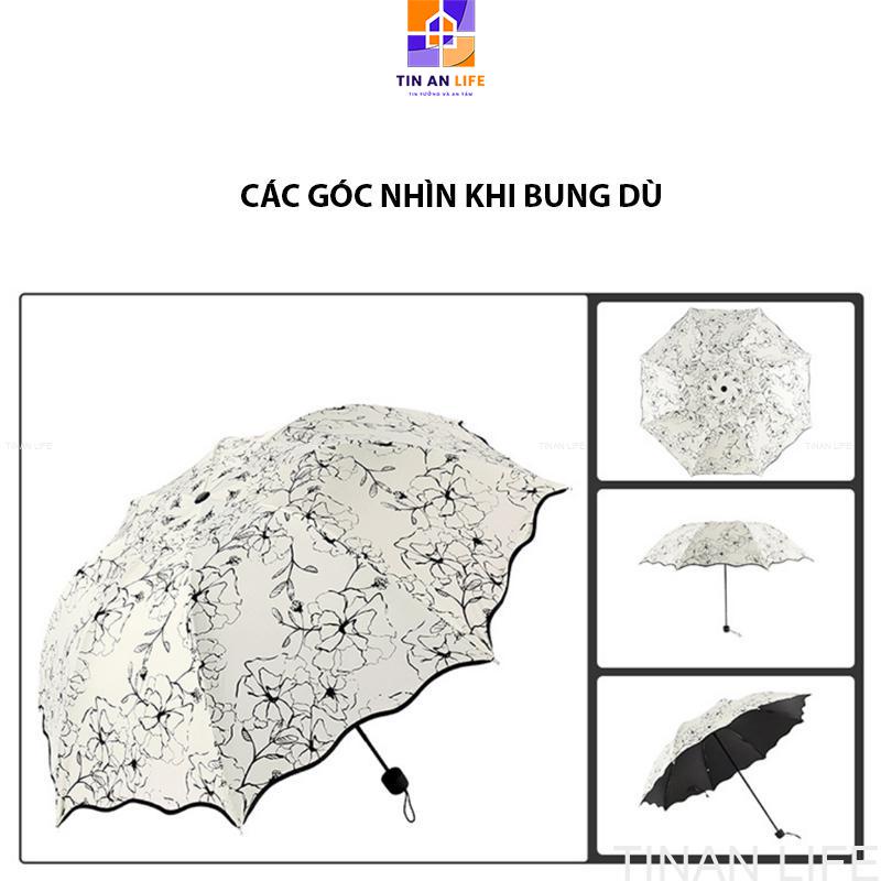 Ô Dù Đi Mưa Đi Nắng Gấp Gọn, Trắng Họa Tiết Hoa, Chống Nắng