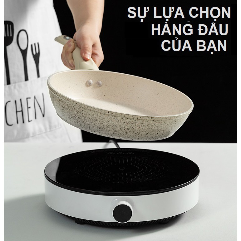 Chảo Chống Dính Bếp Từ Vân Đá Có Nắp Vung Kính, Chảo Đáy Từ Ceramic Màu Trắng Kem Sang Trọng, Cao Cấp [HÀNG MỚI ĐĂNG]