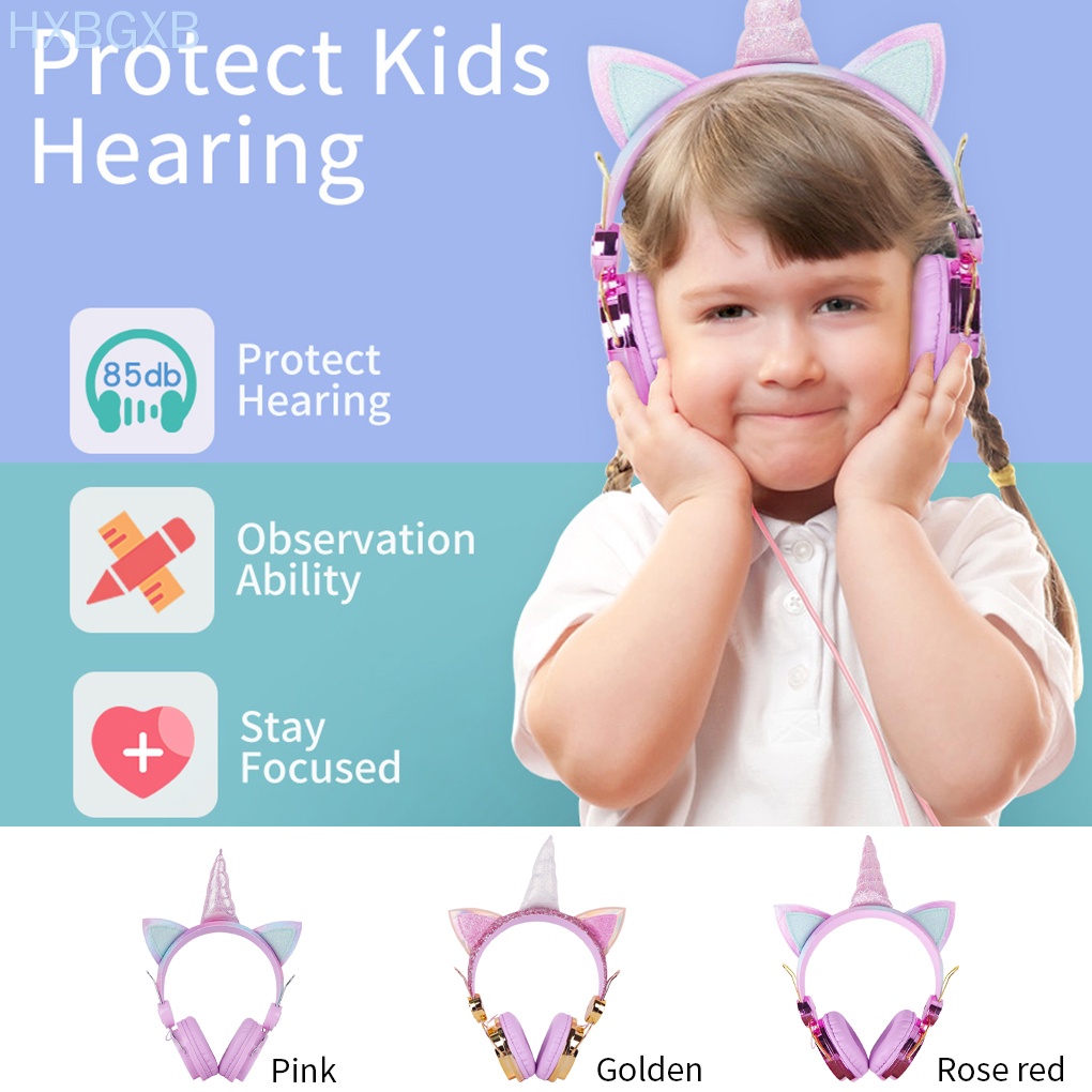 HXBG Children Headset Cartoon On-ear Headphone 3.5mm Wired Kids Headphone with Microphone, Pink