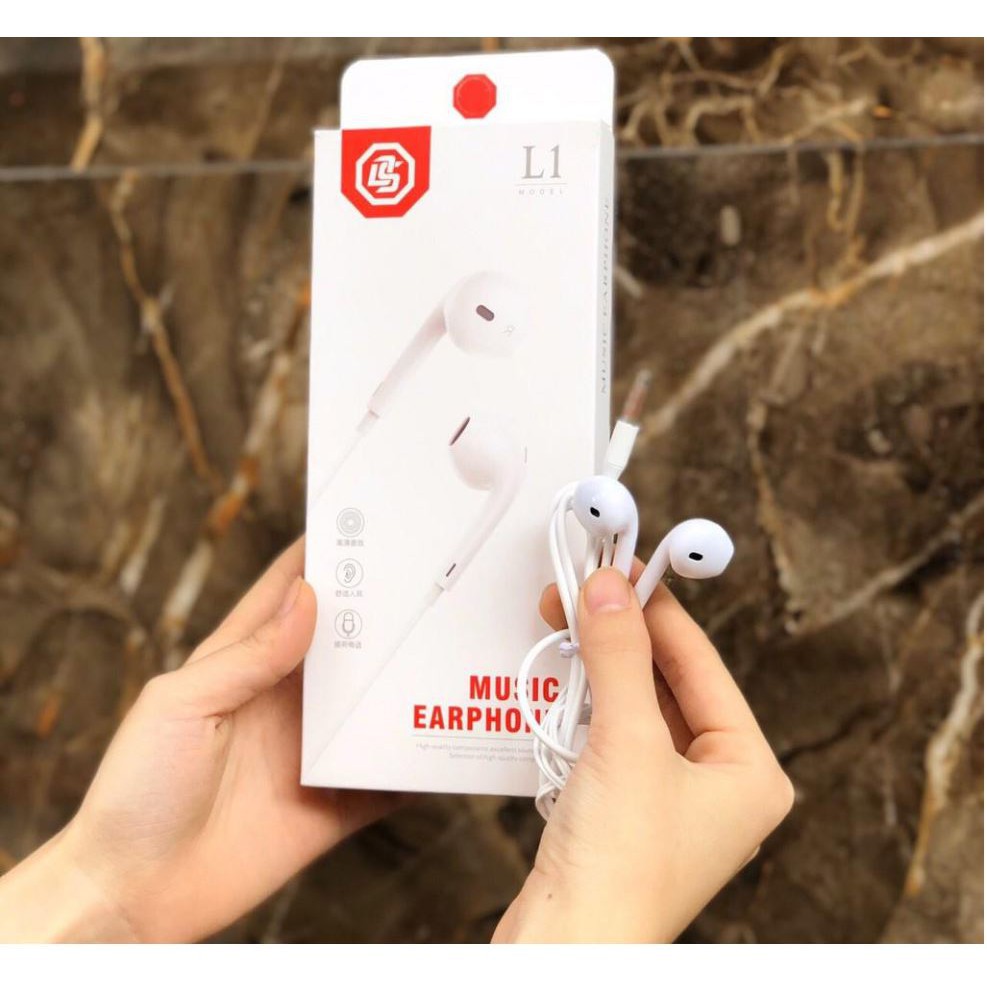 (TAI CHẤT) TAI NGHE ĐIỆN THOẠI CÓ DÂY EARPHONE L1 màu trắng phù hợp tất cả các dòng điện thoại