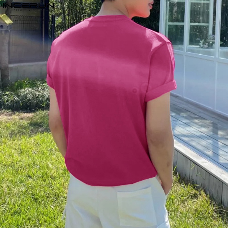 Áo thun INCERUN tay ngắn cổ tròn màu trơn đơn giản thời trang cho nam