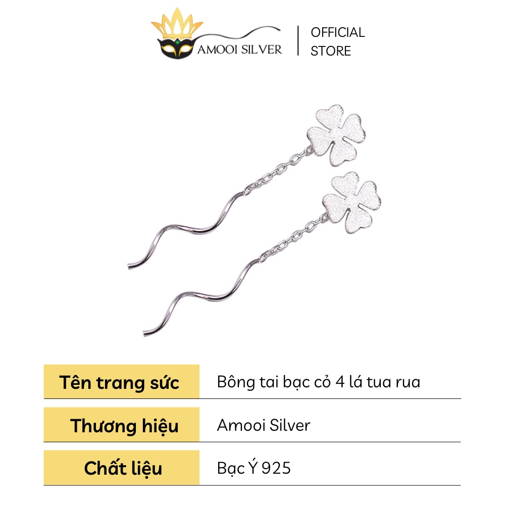Bông Tai Bạc S925 Mẫu Cỏ 4 Lá Dáng Tua Dài Xỏ Qua Tai - Amooi Silver AB143