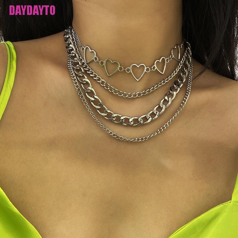 Vòng Cổ Choker Kim Loại Nhiều Lớp Mặt Trái Tim Rỗng Phong Cách Punk