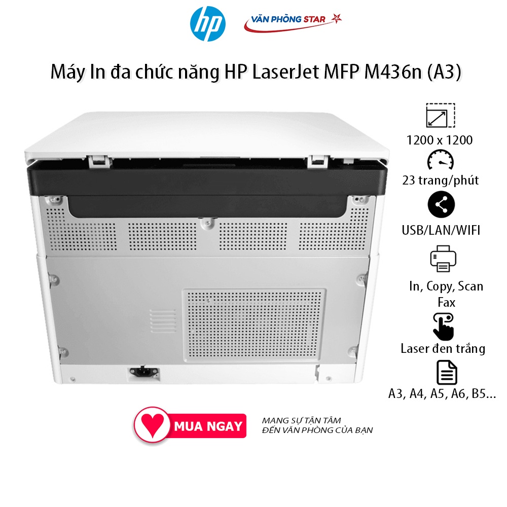 Máy in Laser đa chức năng HP LaserJet MFP M436n A3 tại Vanphongstar tốc độ in 23 trang/phút, copy 23 cpm, scan 30 ipm