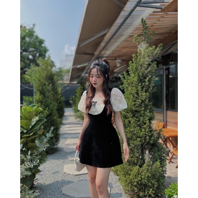 ( Hàng tk ) Váy nhung phối ren nơ