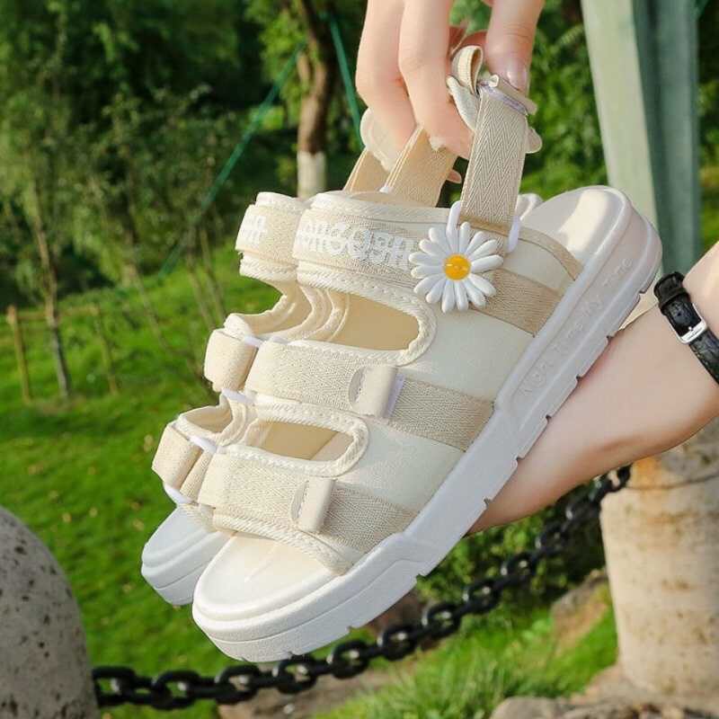 (ảnh+video)giày dép sandal nữ quai 3 tầng điểm hoa cúc đế bệt