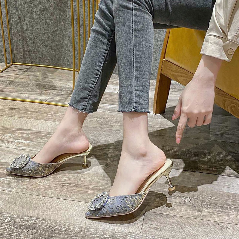 dép cao từdép thời trang giày nữ caogiày caogiày 7cmGiàydép gótGiàyDép Nữ giày sandal 7cmdép đế caoGuốc/Dép nữ▪۩❦pointed half slippers female outer wear Baotou high heels stiletto heel 2021 new summer design fashion mules
