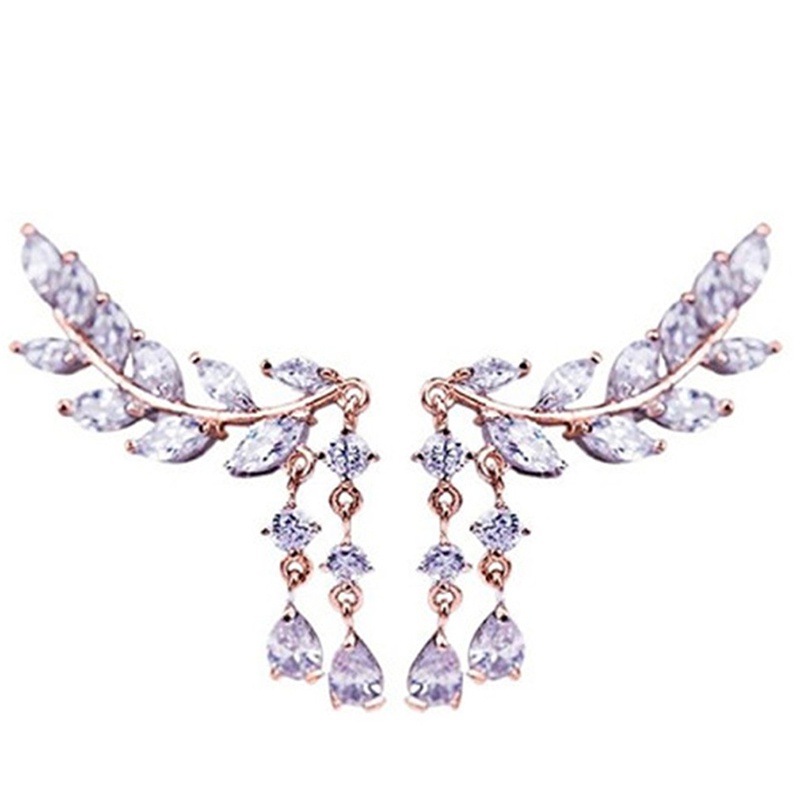 Hoa Tai Dáng Dài Hình Lá Đính Đá Phối Tua Rua Thời Trang