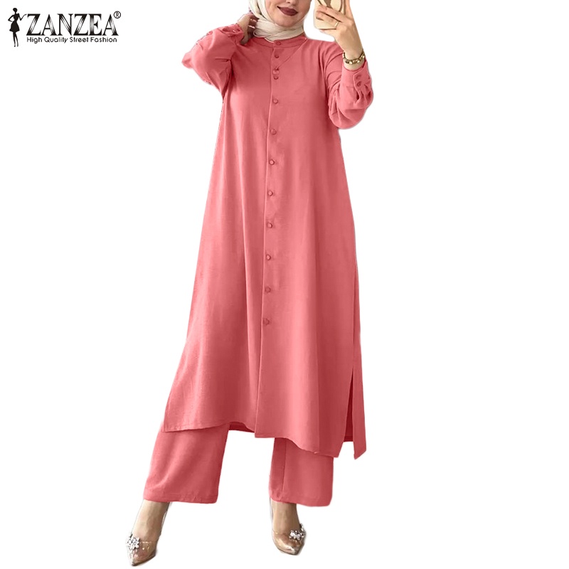 Zanzea Bộ Áo Dài Tay Ngực Và Quần Dài Ống Rộng Lưng Thun Màu Trơn Thời Trang Cho Phụ Nữ Hồi Giáo