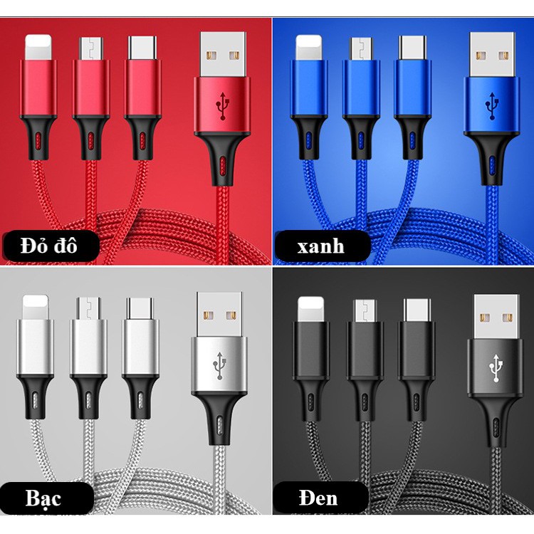 Dây Cáp sạc điện thoại 3 đầu Lightning, Micro USB, Type-C chịu dòng 2,8A siêu tiện dụng