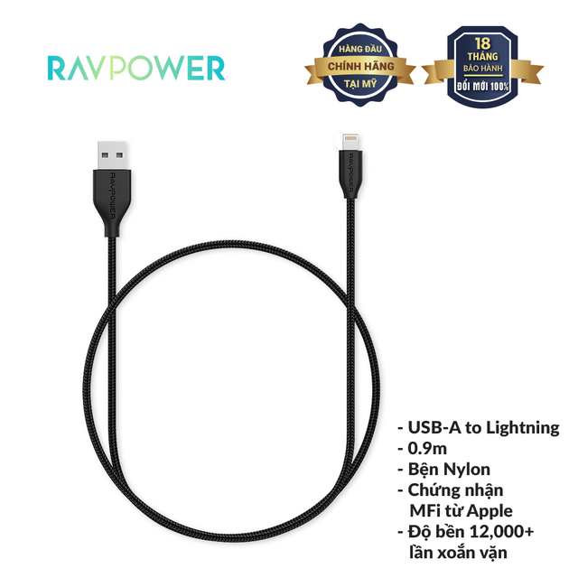 Dây Cáp Sạc USB to Lightning RAVPower RP-CB019 Dài 1m, Chứng Nhận MFI, Sợi Nylon, Sạc Nhanh - Hàng Chính Hãng