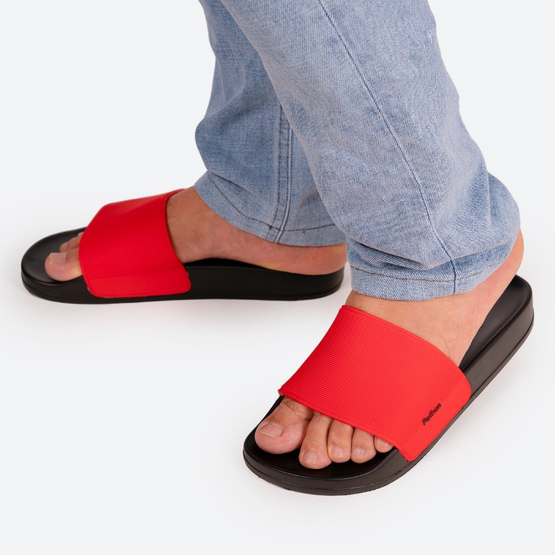 Dép nam nữ quai ngang slipper Pathon quai PVC và đế PU đen quai đỏ Mẫu SD26