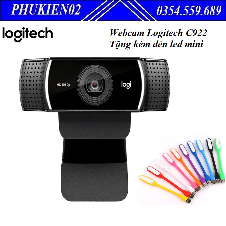 Webcam Logitech HD Webcam C922 sắc nét tinh tế Tặng kèm đèn led mini cổng USB siêu sáng - Hàng chính hãng