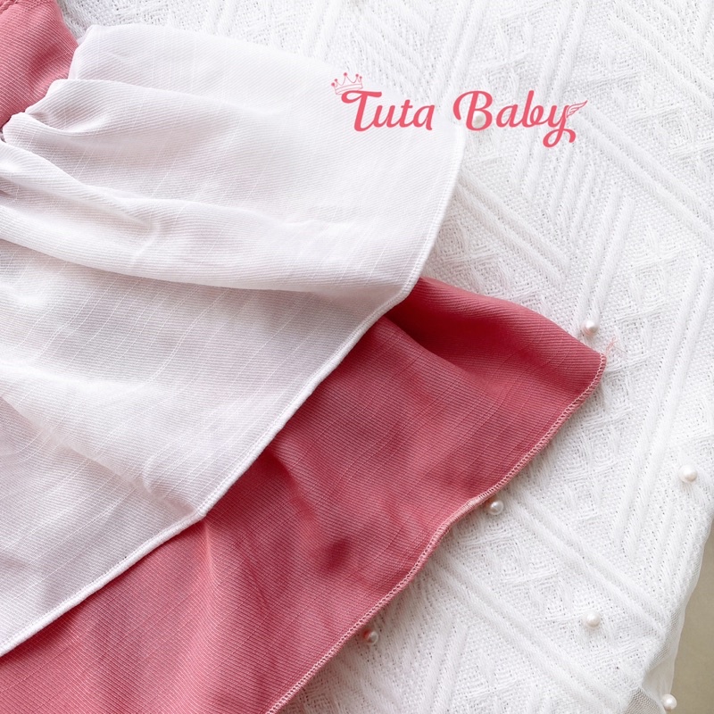 Bodysuit Cho Bé Chất Đũi Lụa, Thiết Kế Body Váy Hồng Đậm 2 Tầng, Body Bé Gái Kèm Turban Dễ Thương