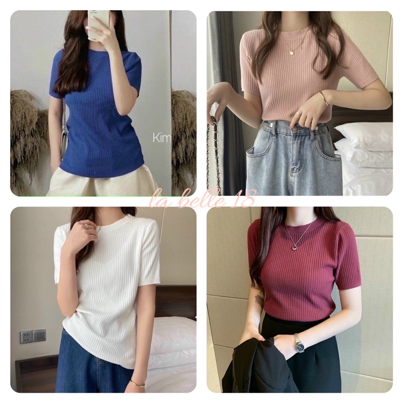 Áo len tăm cổ tròn tay cộc Áo thun tăm gân cao cấp 15 màu