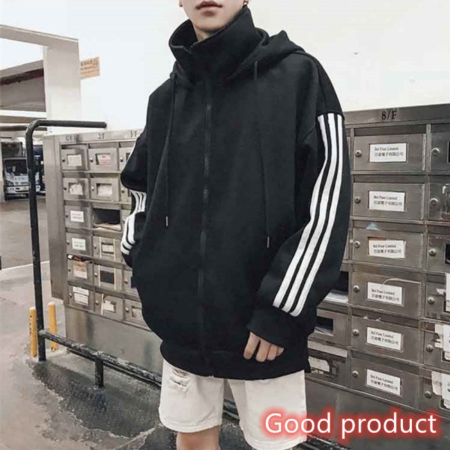 【In stock】 Men Long-Sleeved Zipper Stripe Cardigan Sweater Hoodies for Campus Dating Sports
