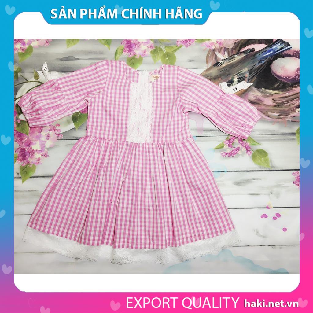 Váy bé gái - thô kẻ phối ren tay phồng - hồng -Haki
