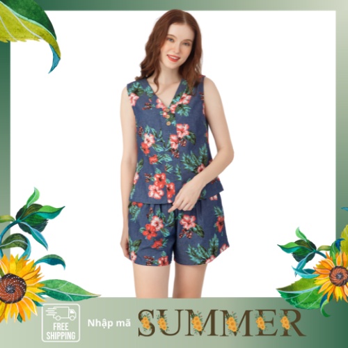 Đồ bộ đùi thiết kế 3 nút hoa bụt cotton giả jean_NaNi Store