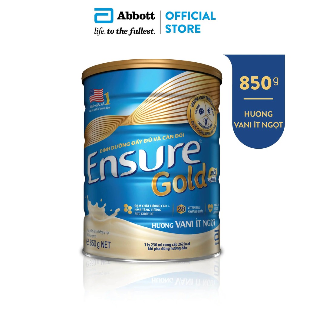 [Tặng túi thể thao Ensureì] Sữa bột Ensure Gold Ít ngọt (HMB) 850g