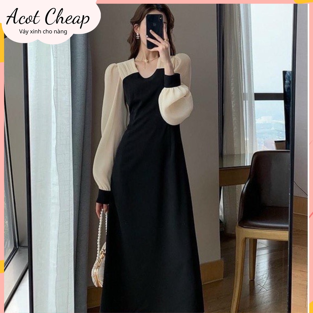 Đầm dự tiệc dài tay phối voan cổ khoét dáng xoè from dài dự tiệc - Váy dự tiệc màu đen chất umi mịn đi tiệc sang chảnh