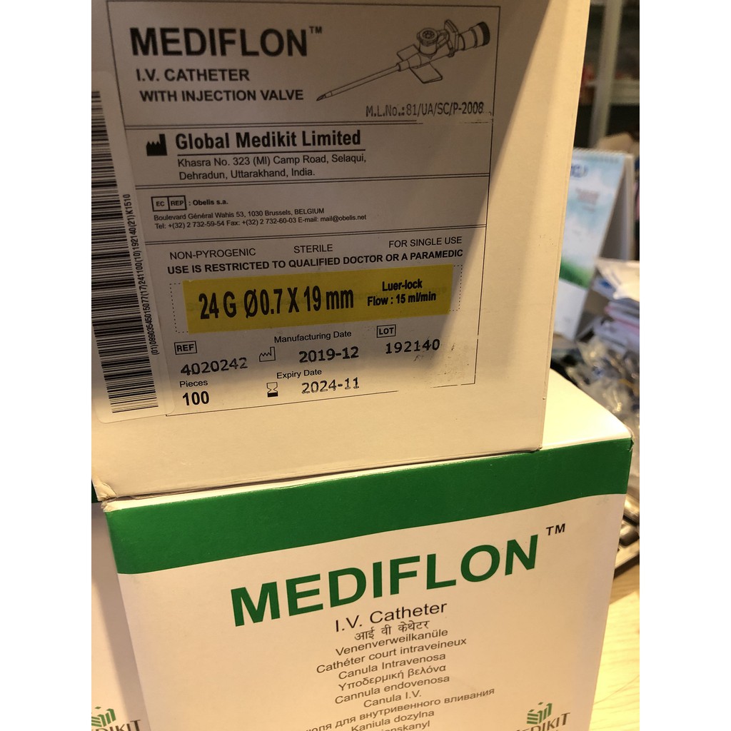 HỘP 100 CÂY KIM LUỒN TĨNH MẠCH KIM LUỒN CATHETER tiêm truyền tĩnh mạch MEDIFLON MEDIKIT ẤN ĐỘ 14G 16g 18G 20g 22g 24g 26