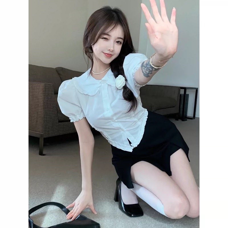 Áo Sơ Mi Nữ Trắng 🍊 Tiệm Vải Xinh 🍊Sơ Mi Trắng Croptop 2 Loại