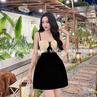 Váy 2 dây nhung đen nơ be