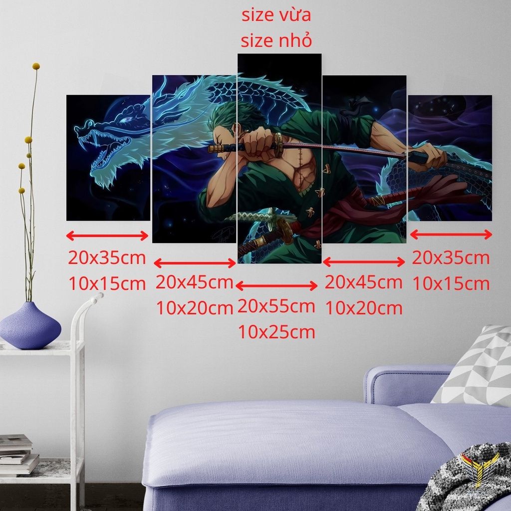Bộ 5 tranh dán tường ghép chủ đề One Piece, Naruto chất liệu Decal, tranh dán tường decor, sẵn băng keo 2 mặt trang trí
