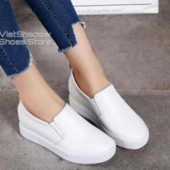 [Sale 3/3]Slip on da nữ độn đế - Giày lười da nữ đế xuồng - Chất liệu da bò màu (trắng) và (đen) - Mã SP: 9909 -pi9