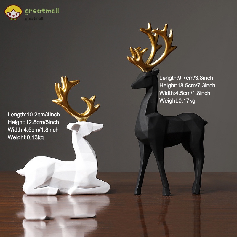 Set 2 tượng hươu trắng và đen bằng nhựa resin trang trí phòng khách
