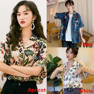 Áo kiểu tay ngắn chất Chiffon hoạ tiết lá phong cách Hawaii