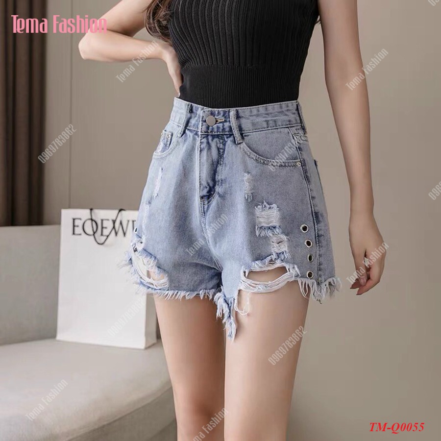 Quần short jean nữ TEMA - Quần đùi nữ jean xanh rách gấu có lỗ cách điệu siêu xinh