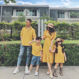 Set đồ gia đình đi tiệc - váy áo gia đình thiết kế - váy đôi đẹp - áo đôi đi tiệc - áo gia đình màu vàng