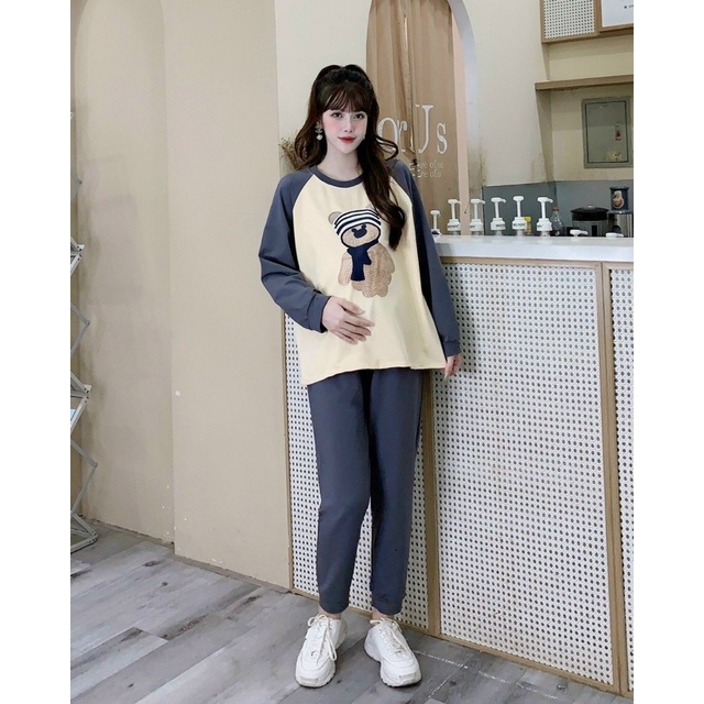 Bộ bầu thu đông Hoodie chất nỉ da cá dày dặn
