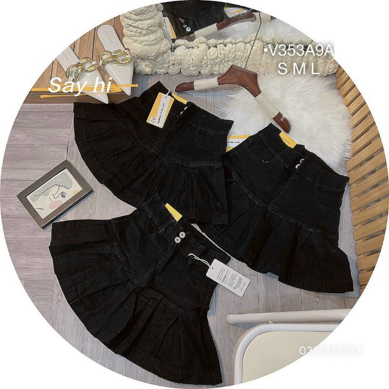 Chân Váy Jeans Ngắn Xòe Dáng Đuôi Cá ,Quần Váy Bò Xếp Ly Lưng Cao Bản To Màu Đen
