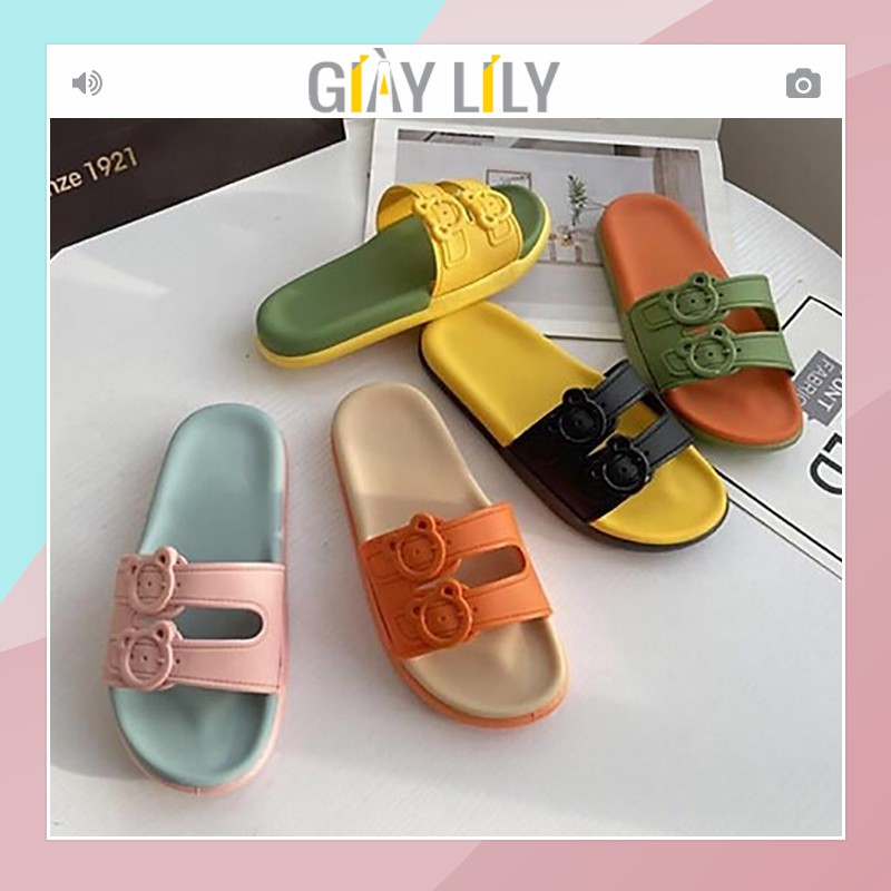 Dép lê nữ LILY 2 quai khoá hình gấu cute nhựa dẻo đi êm chân