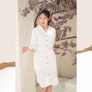 Đầm sơ mi linen màu trắng Lalastyle