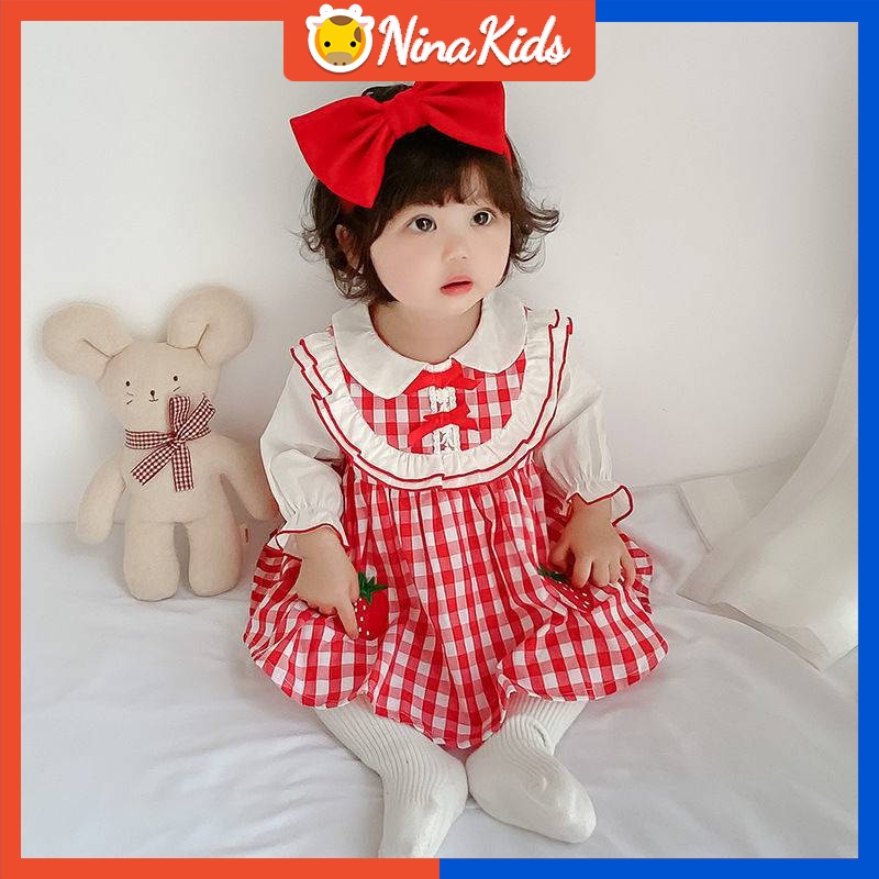 Đầm Công Chúa Tay Dài Cổ Búp Bê Họa Tiết Kẻ Ô Dâu Tây Dành Cho Bé Gái 0-4 Tuổi