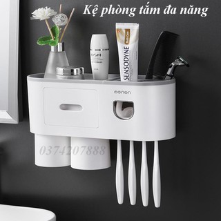 Kệ để đồ phòng tắm bóp kem đánh răng tự động, treo bàn chải và cốc đánh răng tiện lợi chinchin