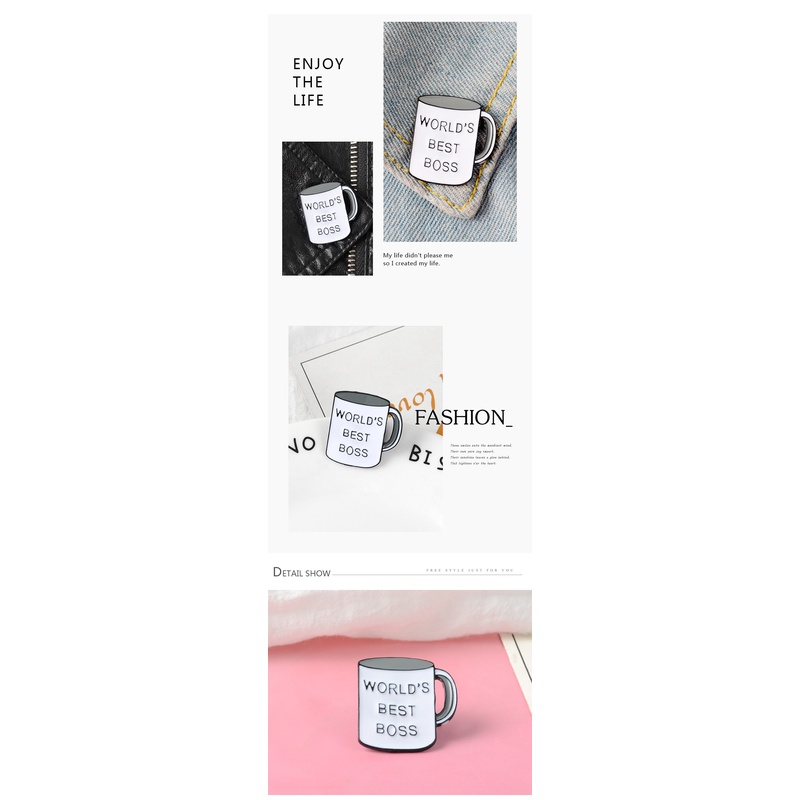 Ghim cài áo QIHE JEWELRY hình cốc cà phê họa tiết chữ đơn giản