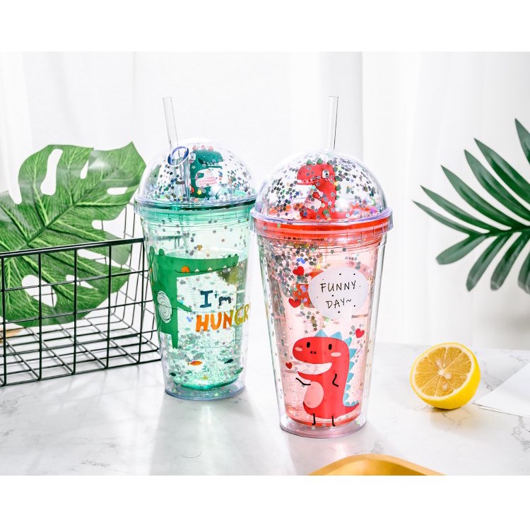 Ly Giữ Nhiệt 2 Lớp Khủng Long Kim Tuyến 500ml Có Ống Hút Hot Trending 2022