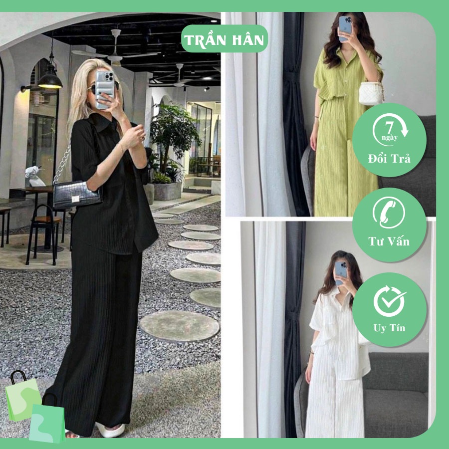 Set bộ nữ áo cổ sơ mi tay ngắn mix quần dài cạp cao ống rộng chất xốp đũi thời trangI Trần Hân Shop 4012385